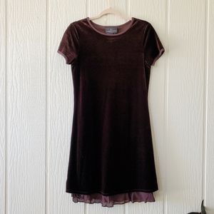 Carole Little Dresses Brown Velvet Stretch Mini Short Sleeve Mesh Lace Size 6